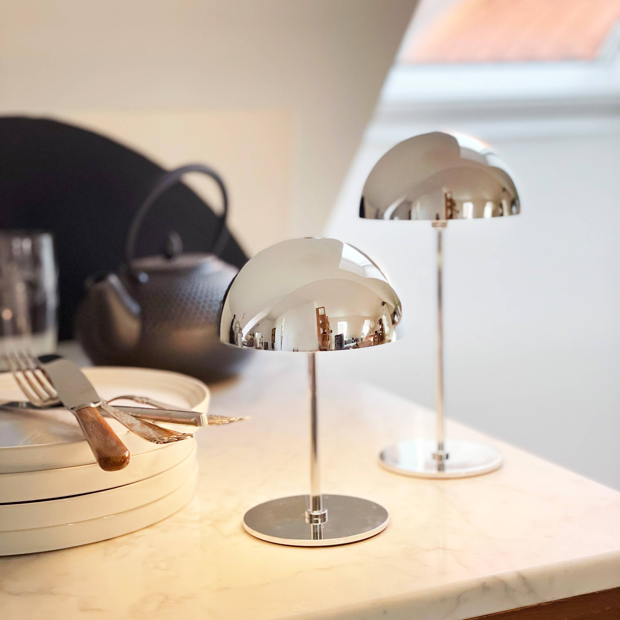 ALONG LED Mini-Tischlampe Chrom 2er Set.